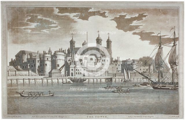 View the Tower of London from the River Thames with boats on the river, 1795. Artist: Joseph Constantine Stadler