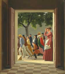 View through a door to running figures, 1845. Creator: Eckersberg, Christoffer-Wilhelm (1783-1853)