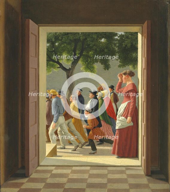 View through a door to running figures, 1845. Creator: Eckersberg, Christoffer-Wilhelm (1783-1853).