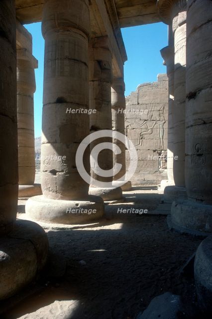 View through to relief of Rameses II before Amun & Mut, Temple of Rameses II, Luxor, Egypt. Artist: Unknown