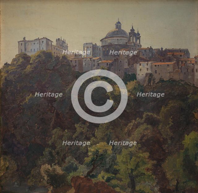 View towards Ariccia and the Palazzo Chigi and S. Maria dell'Assunzione, Italy, 1843-1847. Creator: Thorald Lessoe.