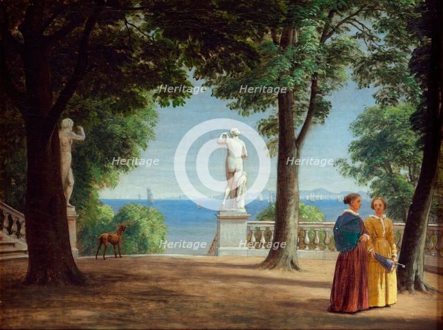 View towards Kullen from a garden terrace with statues (Marienlyst?), n.d., c1840-1870.. Creator: Peter Christian Thamsen Skovgaard.