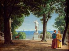 View towards Kullen from a garden terrace with statues (Marienlyst?), n.d., c1840-1870.. Creator: Peter Christian Thamsen Skovgaard