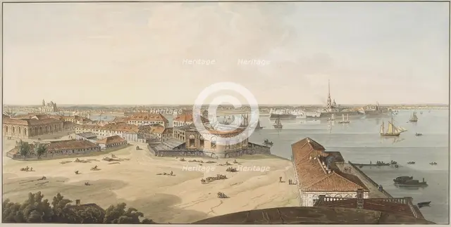 View to the Spit of Vasilyevsky Island and Peter and Paul Fortress, Between 1802 and 1805. Artist: Atkinson, John Augustus (1775-1831)