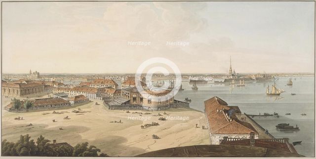 View to the Spit of Vasilyevsky Island and Peter and Paul Fortress, Between 1802 and 1805. Artist: Atkinson, John Augustus (1775-1831)