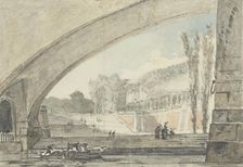 View under a bridge to terraces and a staircase, 1750-1806. Creator: Louis Gabriel Moreau