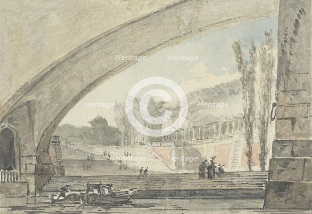 View under a bridge to terraces and a staircase, 1750-1806. Creator: Louis Gabriel Moreau.