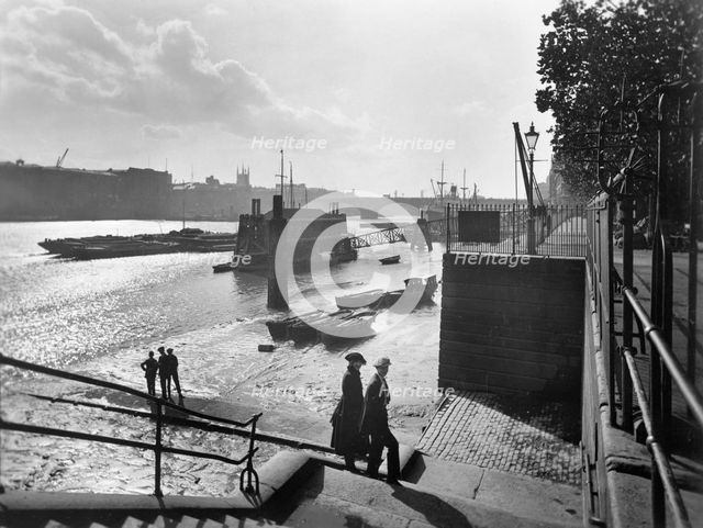 View upstream from near Traitor's Gate, City of London, before 1933.  Creator: George Davison Reid.