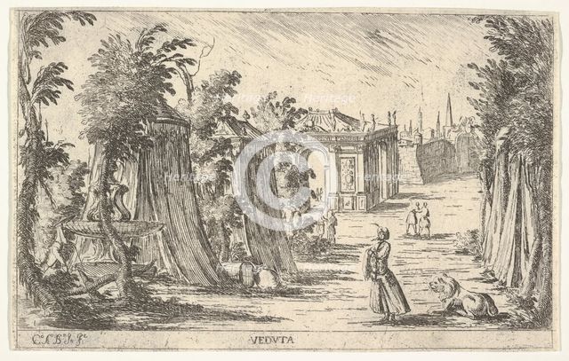 View with a man in a turban and a lion standing at right, tents and classical archite..., 1680-1710. Creator: Carlo Antonio Buffagnotti.