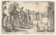 View with a man in a turban and a lion standing at right, tents and classical archite..., 1680-1710. Creator: Carlo Antonio Buffagnotti