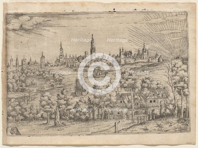 View across a River to a Walled City at Sunset, 1540s. Creator: Johannes Crato von Crafftheim.