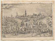 View across a River to a Walled City at Sunset, 1540s. Creator: Johannes Crato von Crafftheim