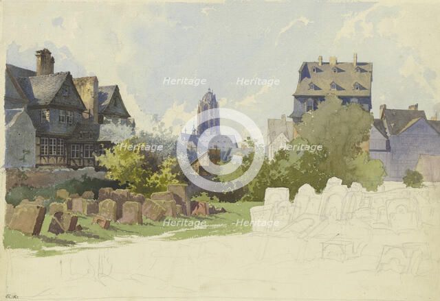 View across the Jewish Cemetery on Battonnstraße in Frankfurt am Main towards St. Barth..., 1862. Creator: Alexander Gwinner.