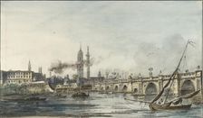 View across the Thames towards the Church of St Magnus and the Monument, late 18th century. Artist: Louis Belanger