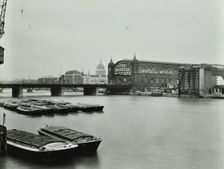 View across the Thames to Cannon Street Station, London, 1958