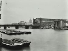 View across the Thames to Cannon Street Station, London, 1958