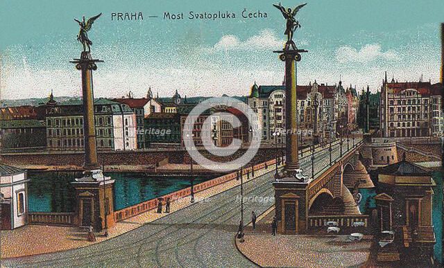 View across Vltava river looking at Cech Bridge and Old Town, c. 1910. Creator: Anonymous.