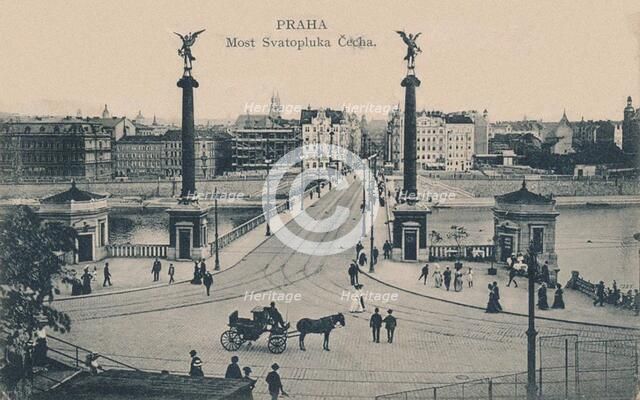 View across Vltava river looking at Cech Bridge and Old Town, c. 1910. Creator: Anonymous.