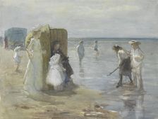 View along the tide line on Scheveningen beach, with women and children, 1874-1927. Creator: Johan Antonie de Jonge