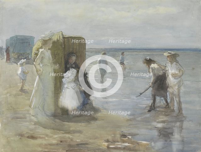 View along the tide line on Scheveningen beach, with women and children, 1874-1927. Creator: Johan Antonie de Jonge.