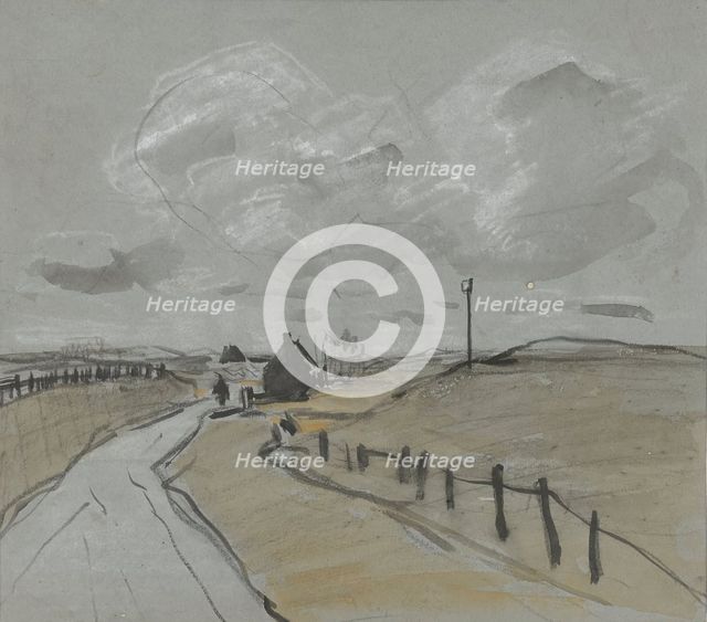 View along a road with high verges and fences, 1864-1936. Creator: Johannes Cornelis van Essen.