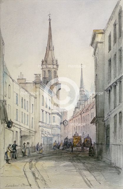 View along Lombard Street, looking east, with figures and carriages, City of London, 1851. Artist: Thomas Colman Dibdin