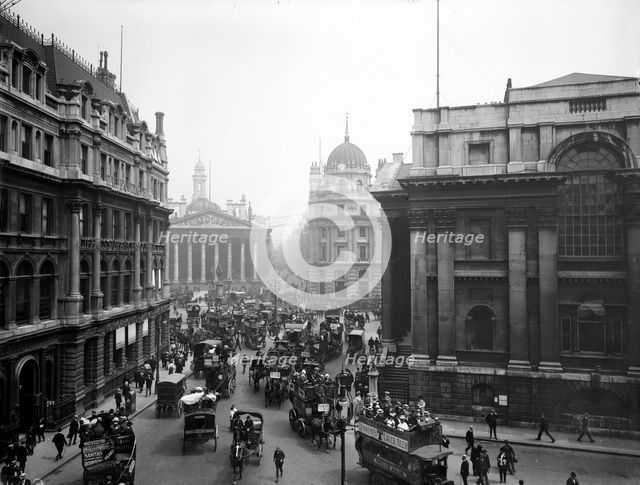 View along Mansion House Street towards the Royal Exchange, London, c1910. Artist: Unknown