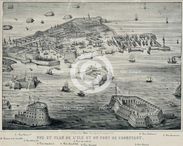 View and Plan of island and the port of Kronstadt, c. 1850. Artist: Anonymous  