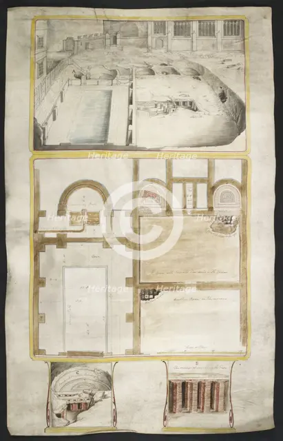View and plans of the Roman baths at Bath, co. Somerset..., 1762. Creator: William Hoare.