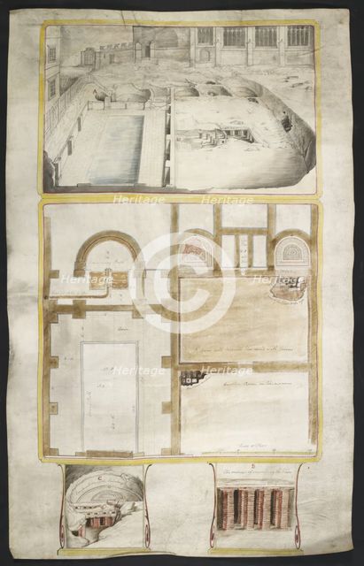View and plans of the Roman baths at Bath, co. Somerset..., 1762. Creator: William Hoare.