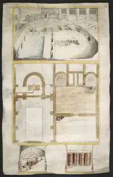 View and plans of the Roman baths at Bath, co. Somerset..., 1762. Creator: William Hoare