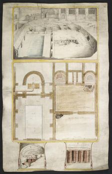View and plans of the Roman baths at Bath, co. Somerset..., 1762. Creator: William Hoare