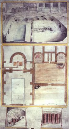 View and plans of the Roman baths at Bath, County Somerset, 1762. Creator: William Hoare