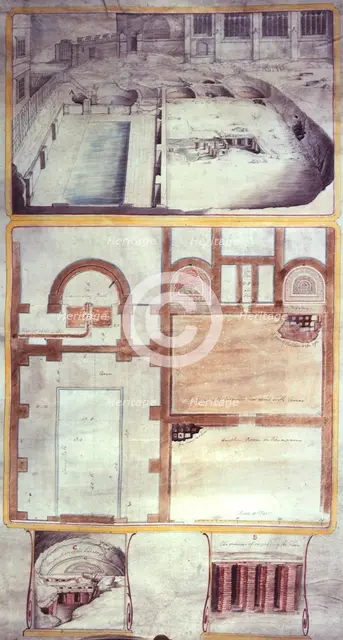 View and plans of the Roman baths at Bath, County Somerset, 1762. Creator: William Hoare.