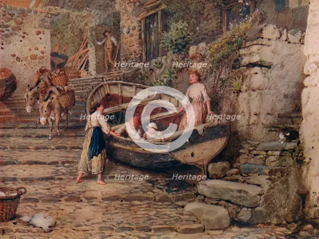 'View at Clovelly, with Stranded Boat and Figures', 1882, (1935). Artist: Birket Foster.