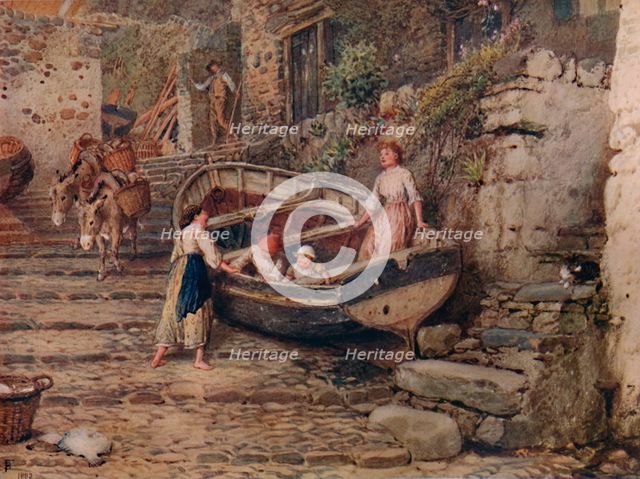 'View at Clovelly, with Stranded Boat and Figures', 1882, (1935). Artist: Birket Foster.
