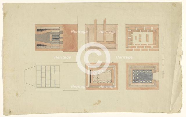View, cross -sections and floor plans of an oven, c.1835-c.1860. Creator: Workshop of Franz Jakob Kreuter.