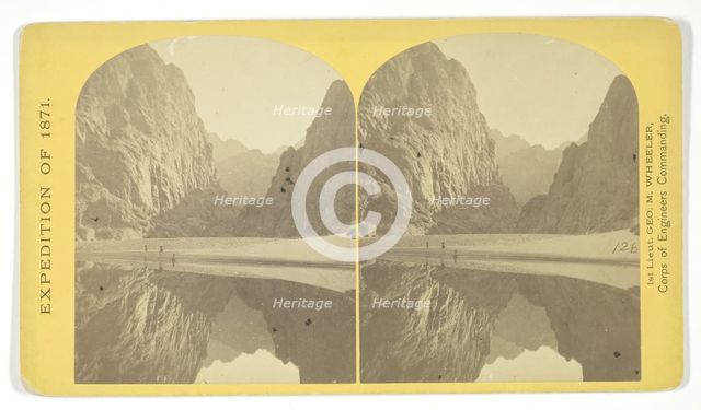 View down Black Cañon, from Mirror Bar. The walls repeated by reflection, 1871. Creator: Tim O'Sullivan.