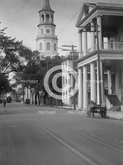 View down street to St. Michael's Church, Charleston, South Carolina, between 1920 and 1926. Creator: Arnold Genthe.