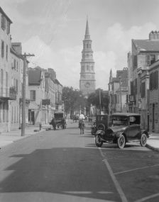 View down street to St. Philip's Church, Charleston, South Carolina, between 1920 and 1926. Creator: Arnold Genthe