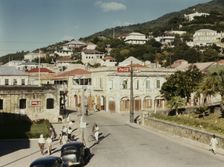 View down the main street from the Grand Hotel, Charlotte Amalie, St. Thomas Island, V.I., 1941. Creator: Jack Delano