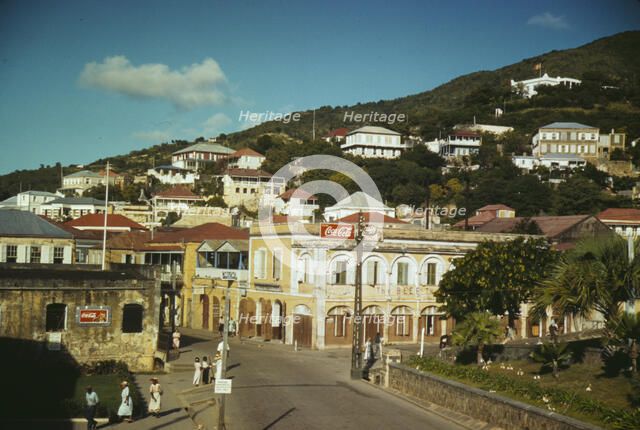 View down the main street from the Grand Hotel, Charlotte Amalie, St. Thomas, Virgin Islands, 1941. Creator: Jack Delano.