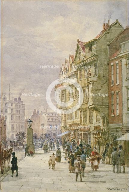 View east along Holborn with figures and horse-drawn vehicles on the street, London, 1875. Artist: Louise Rayner