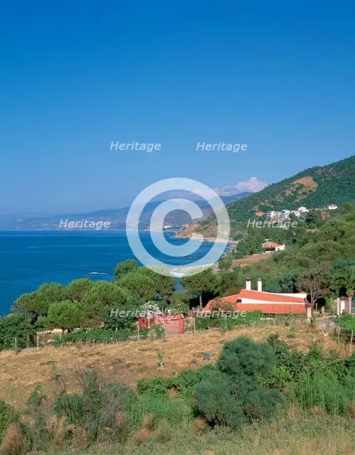 View east along the north coast near Cefalu, Sicily, Italy.  Creator: Peter Thompson.