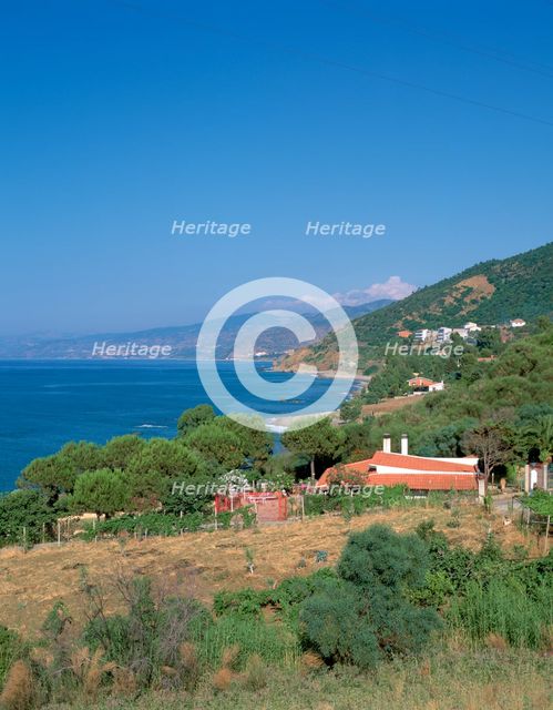 View east along the north coast near Cefalu, Sicily, Italy.  Creator: Peter Thompson.
