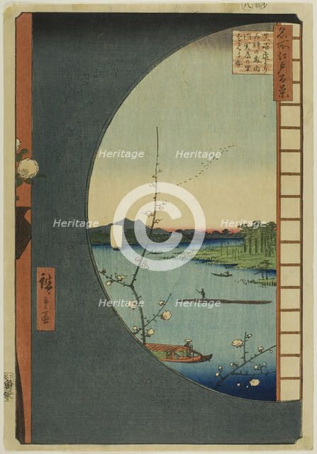 View from Massaki of Suijin Shrine, Uchigawa Inlet, and Sekiya (Massaki hen yori Suijin no..., 1857. Creator: Ando Hiroshige.