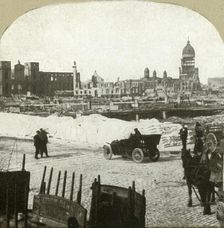 View from Moulder School distributing station, showing tons of flour on sidewalk 1906. Creator: Unknown