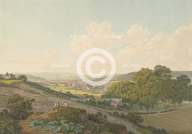 View from a hilltop of the village of St. Jakob near Basel with its pointed church steeple, 1803. Creator: Marquand Fidel Dominikus Wocher.