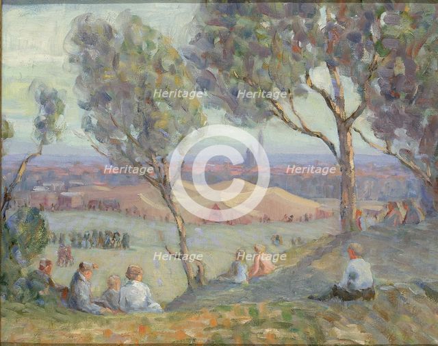 View from Arlington Heights, with Chautaqua Tents and the Washington Monument..., ca. 1922. Creator: A. H. O. Rolle.