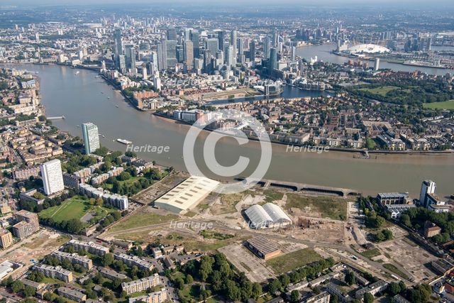View from Deptford towards Millwall, Canary Wharf and the Millennium Dome, London, 2021. Creator: Damian Grady.